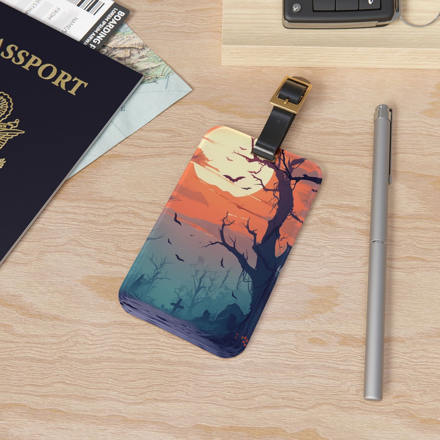 Scenic Sunset Graveyard Luggage Tag | Halloween Inspired Baggage ID | Spooky Gravestones | Goth Eerie Scenic Art | Dead Forest Witchy Vibe