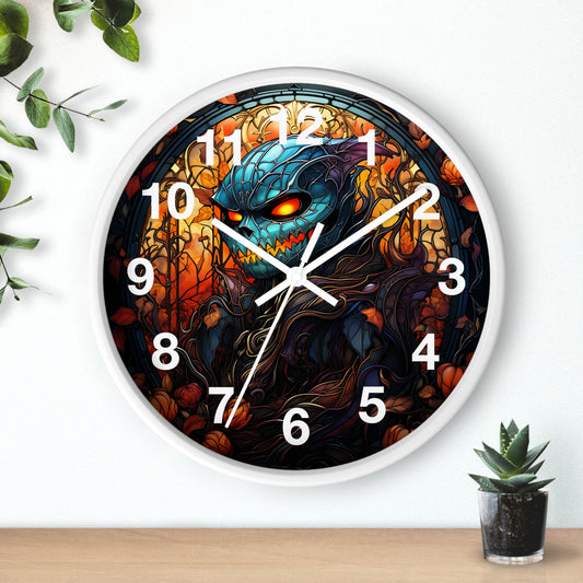 Scary Blue Gremlin Style Monster Stained Glass Wall Clock | Halloween Spooky Decor | Battery Operated Witch Monster Accent Horror Fans Gift