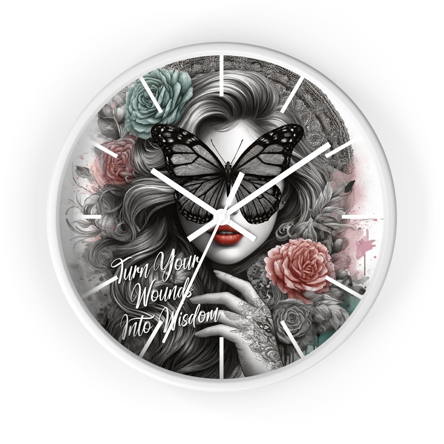 Turn Your Wounds to Wisdom Wall Clock | Inspirational Affirmation Art | Battery Operated | Elegant Woman with Flowers Dark Aesthetic Decor