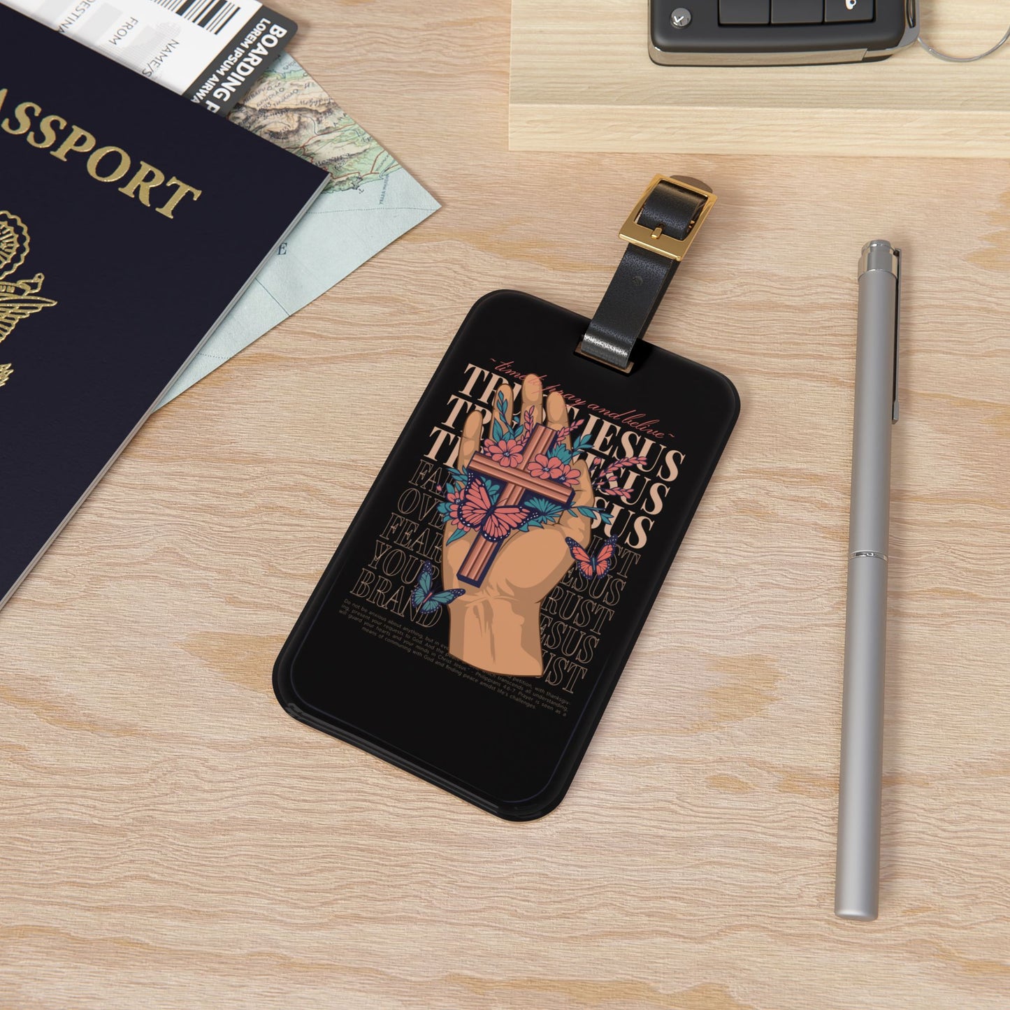 Trust In Jesus Cross Hand Luggage Tag | Faith-Based Christian Baggage ID | Streetwear Jesus Art Travel Accessory | Unique Christian Gift