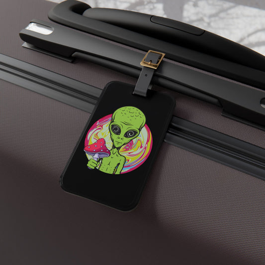 Alien Holding Mushroom Luggage Tag Trippy Psychedelic Baggage ID Rave Festival Travel Accessory Alien Mushroom Lovers Vibrant Festival Gift