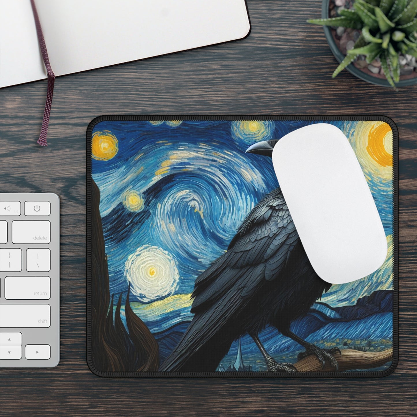 Black Raven Night Sky Non-Slip Mouse Pad | Starry Night-Inspired Art | Gothic Gift for Raven Lovers Office Decor Witchy Computer Mat