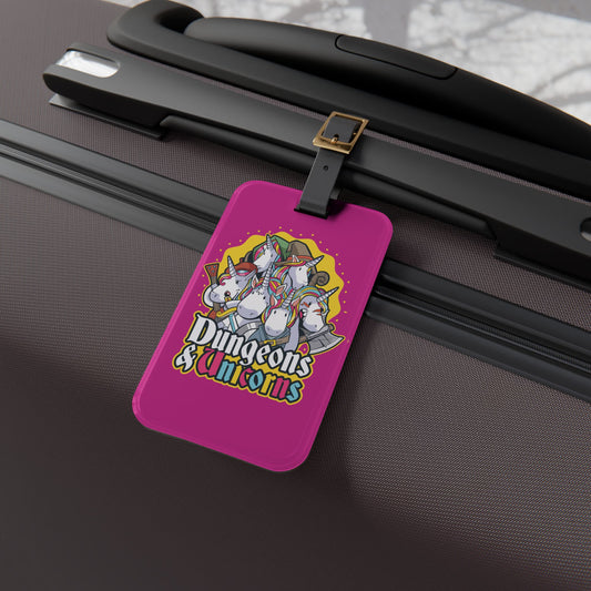 Dungeons and Unicorns Luggage Tag | Funny Unicorn Lover Baggage ID | Nerdy Parody Travel Accessory | Fantasy Roleplaying Gift Magical Fans