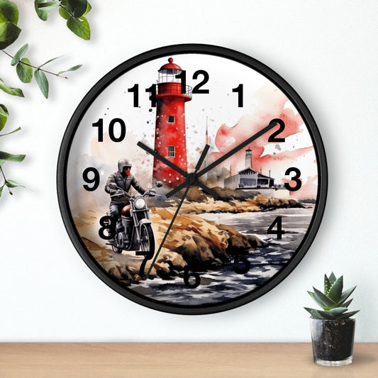 Biker by Lighthouse Wall Clock | Cliff Edge Motorcycle Art Vintage Biker Decor Unique Man Cave Clock Retro Motorcycle Gift Battery Operated