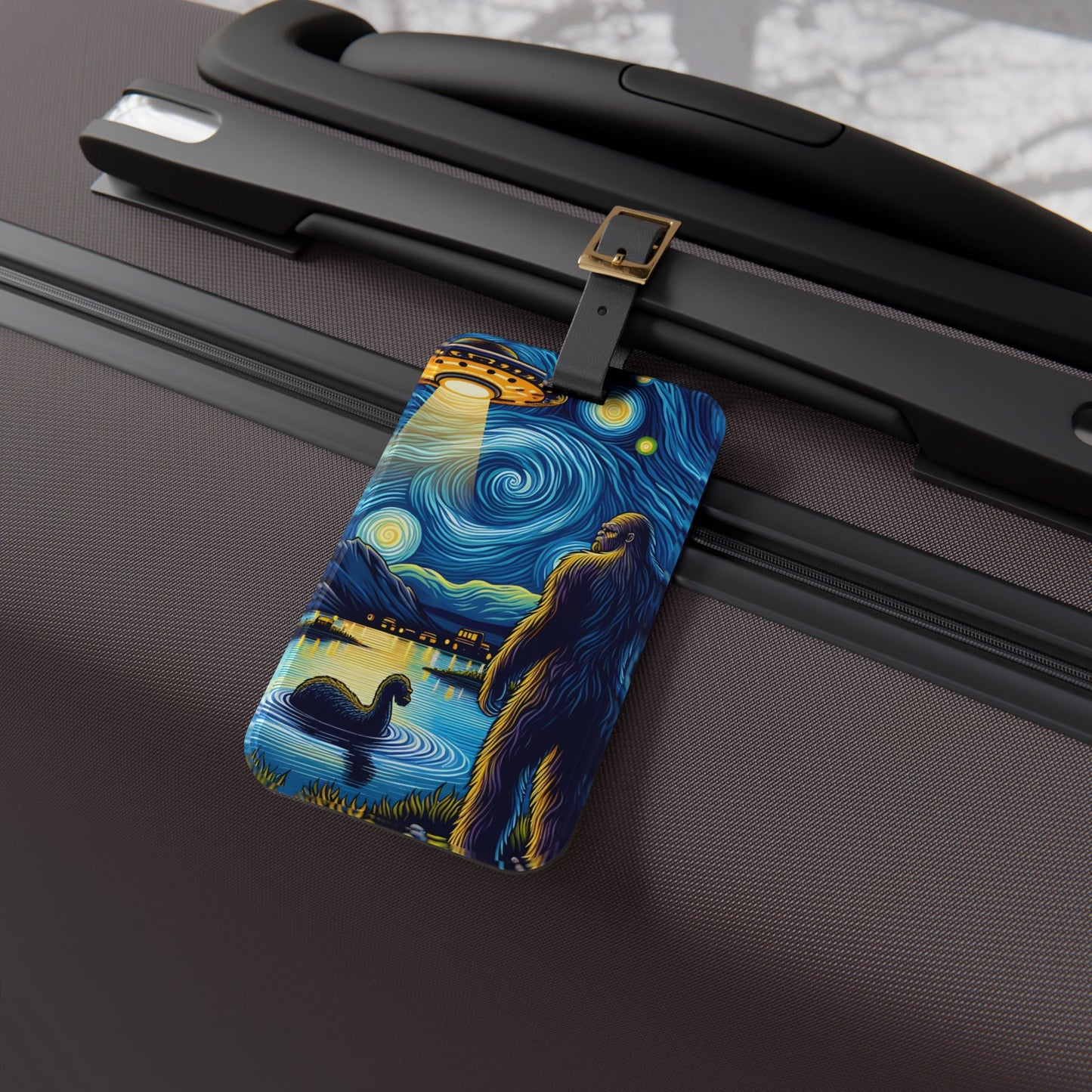 Bigfoot Alien Spaceship Night Sky Luggage Tag | Sasquatch Meets Extraterrestrial Travel Accessory | Fun UFO Humor Baggage ID Bigfoot Fans