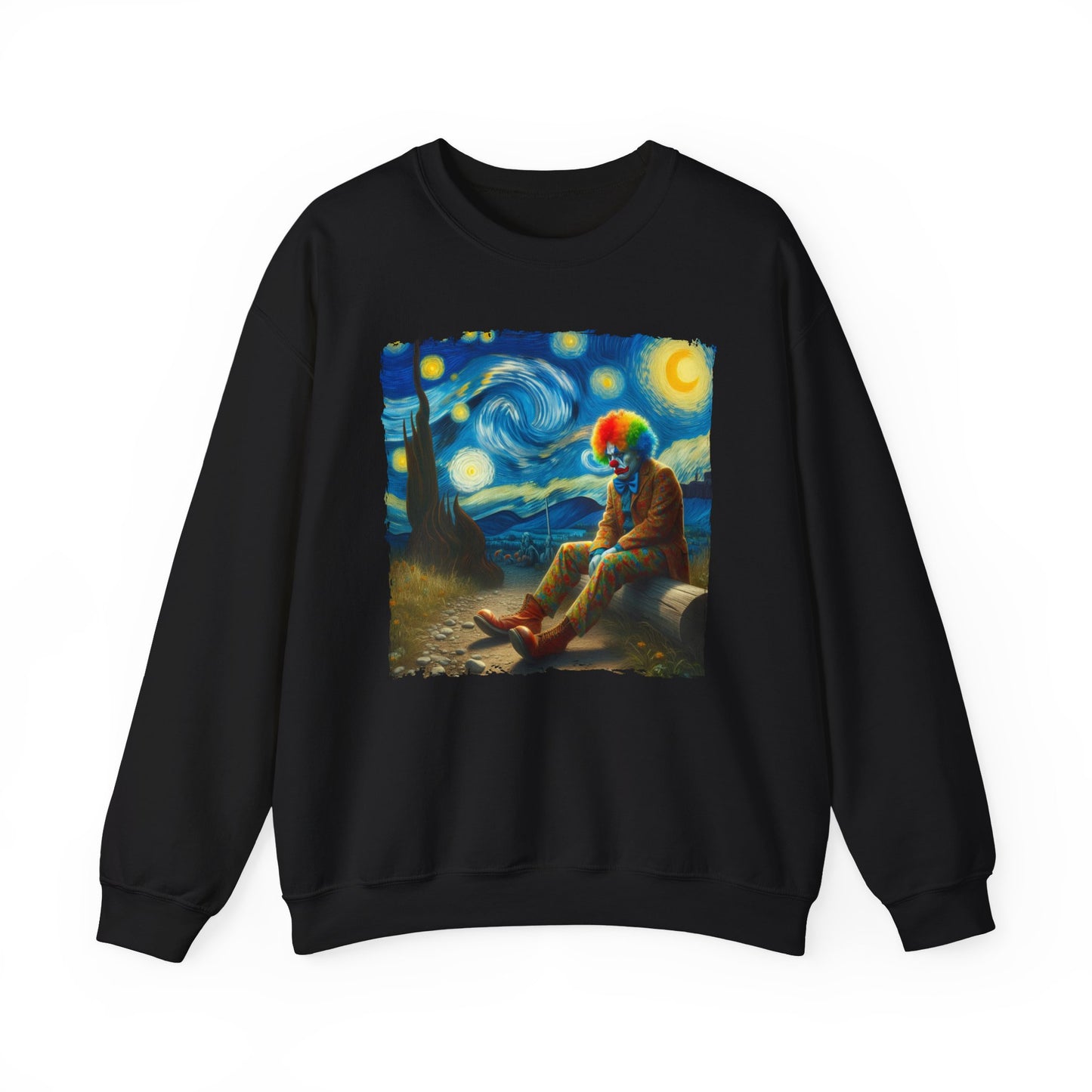 Sad Clown Night Sky Crewneck Sweater | Starry Night-Inspired Dark Humor Art | Unique Retro Clown Sweatshirt Circus Lovers | Hilarious Gift