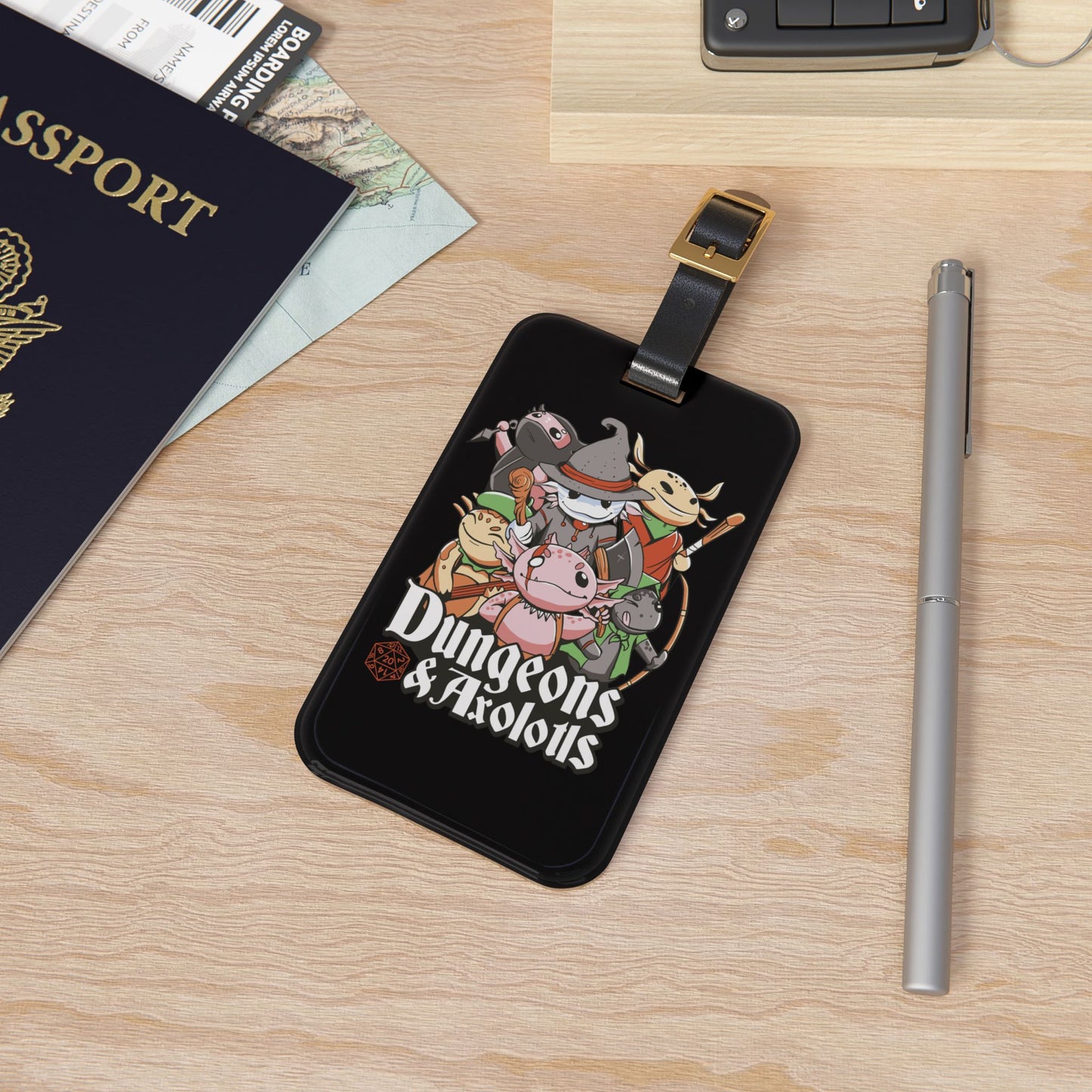 Dungeons and Axolotls Luggage Tag | Funny Axolotl Lover Baggage ID | Nerdy Parody Travel Accessory | Fantasy Roleplaying Gift Axolotl Fans