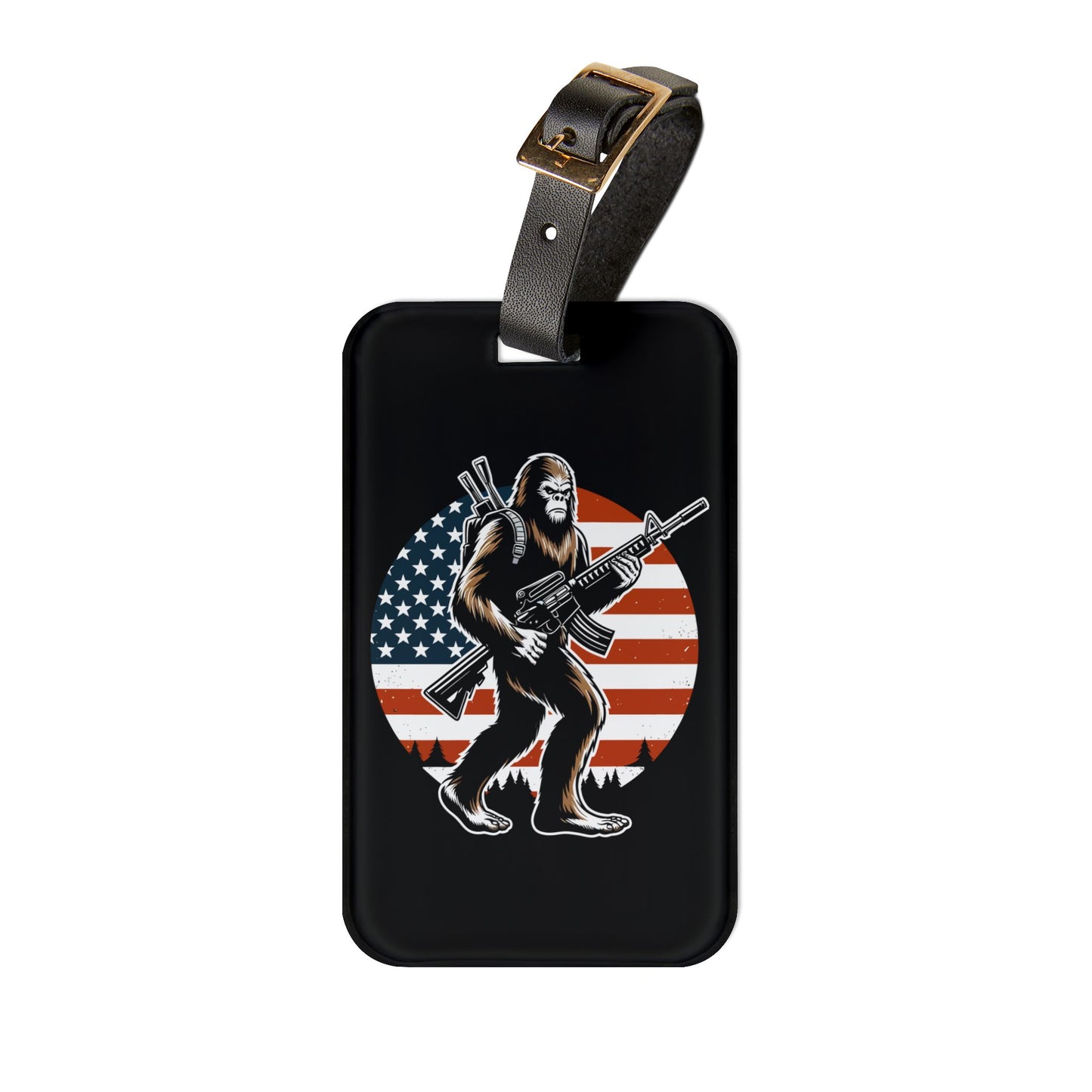 Bigfoot American Flag 2A Luggage Tag | Patriotic Sasquatch Gun Baggage ID USA Freedom Travel Accessory 2nd Amendment Supporter Bigfoot Fans