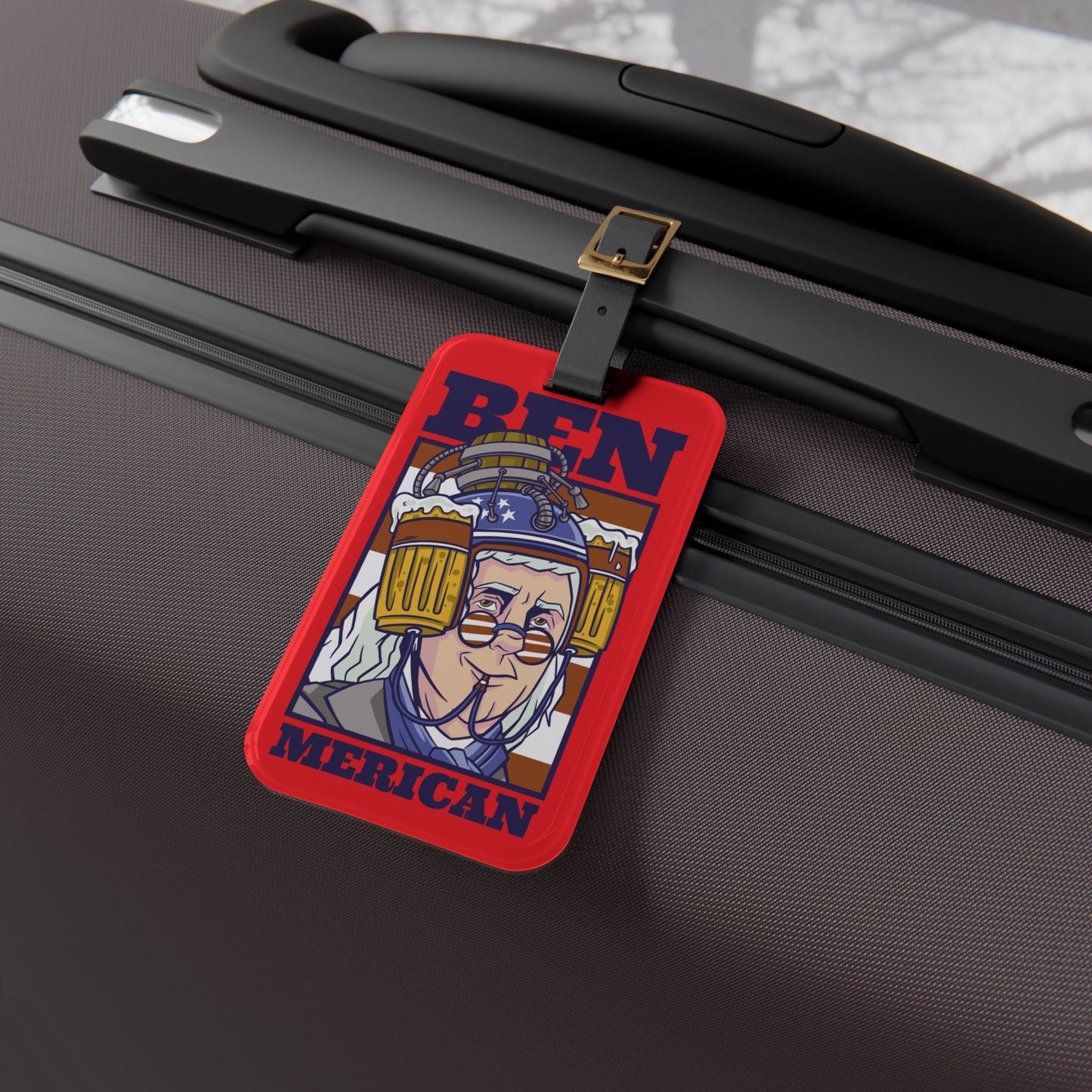 Ben Merica Drinking Patriot Luggage Tag Funny Founding Father Travel Accessory USA Pride Suitcase ID Badge Beer Lover Patriotic Gift Baggage