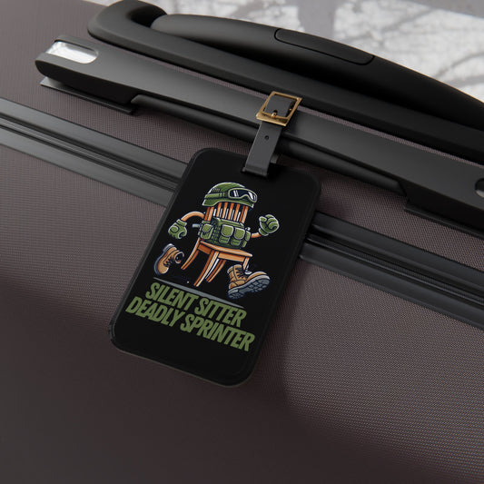 Silent Sitter Deadly Sprinter Luggage Tag | Tactical Chair Cartoon Baggage ID | Funny Prop Hunt Gamer Travel Accessory Military Chair Humor