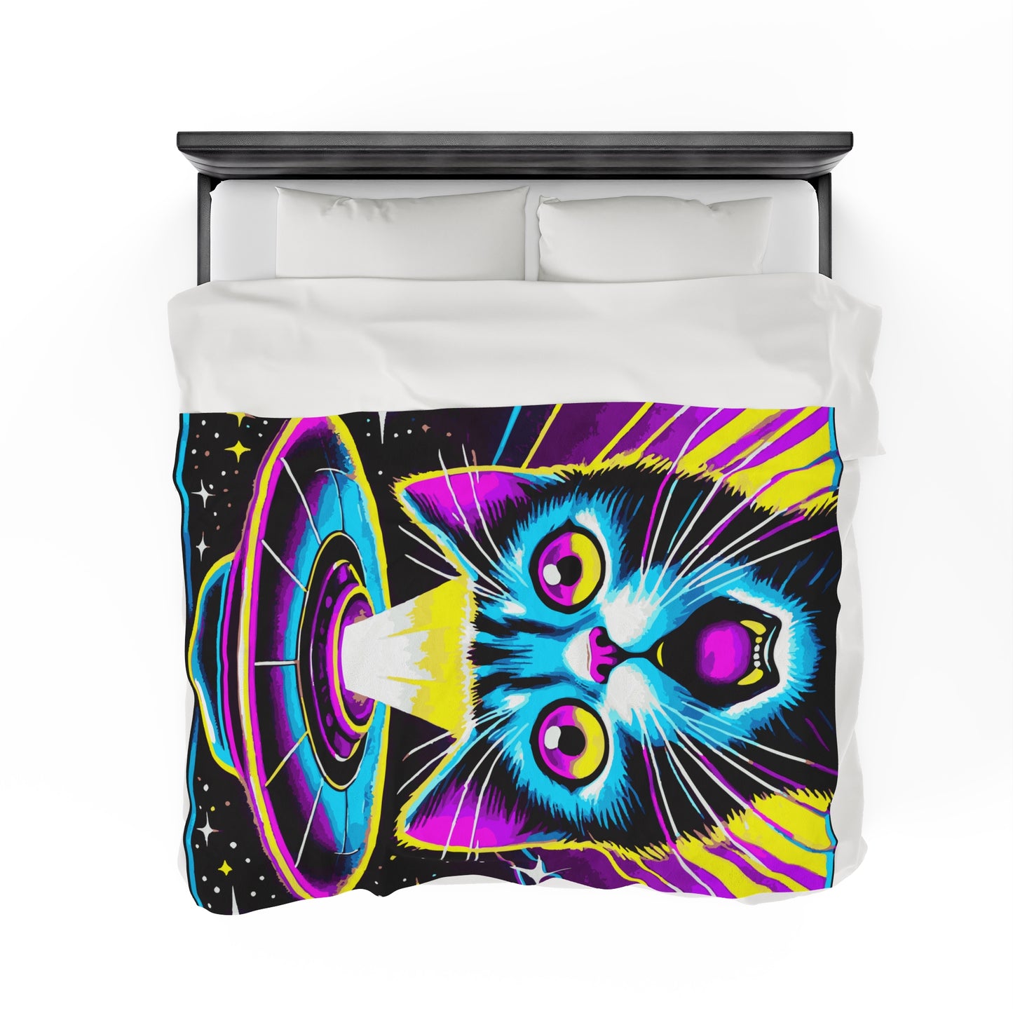 Colorful Cat Abduction Velveteen Plush Throw Blanket | Cool Cat Picked Up by Spaceship | Trippy Alien Decor Cat Lovers Cozy Fun Blanket Gift