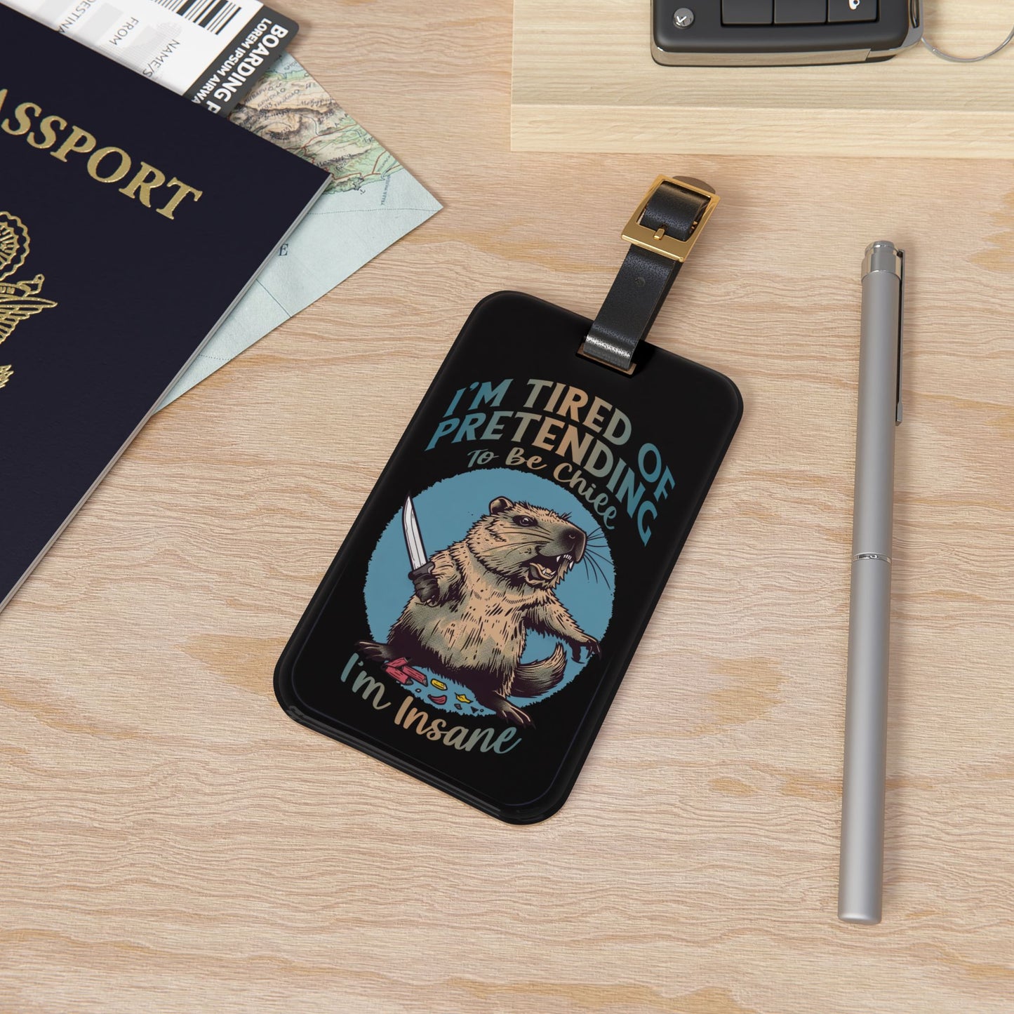 Pretending to be Chill I'm Insane Beaver Luggage Tag | Funny Beaver Baggage ID Gen Z Quotes Zoomer Humor Sassy Animal Vibes Travel Accessory