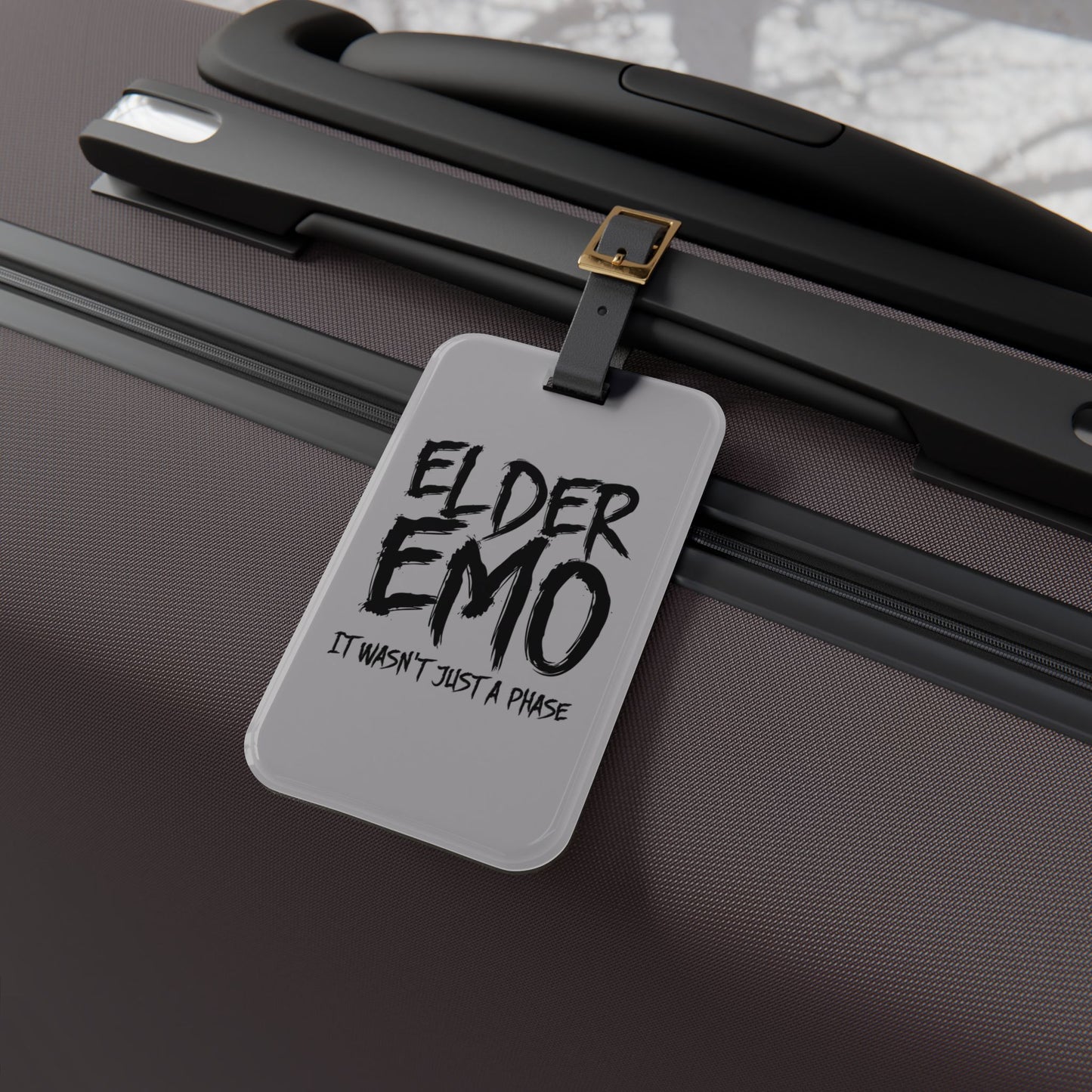 Elder Emo Pride Luggage Tag | Dark Aesthetic Travel Accessory Awesome Gift for Goth Punk Fans Baggage ID Not Just a Phase Emo GIft Grey Tag