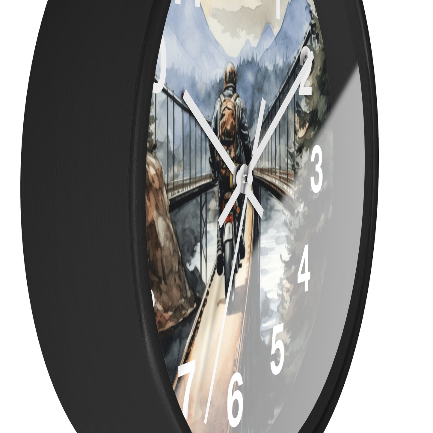 Scenic Bridge Wall Clock | Mountain Forest Peaceful Ride | Motorcycle Art | Unique Biker Decor Nature Adventure Gift Battery Operated Clock