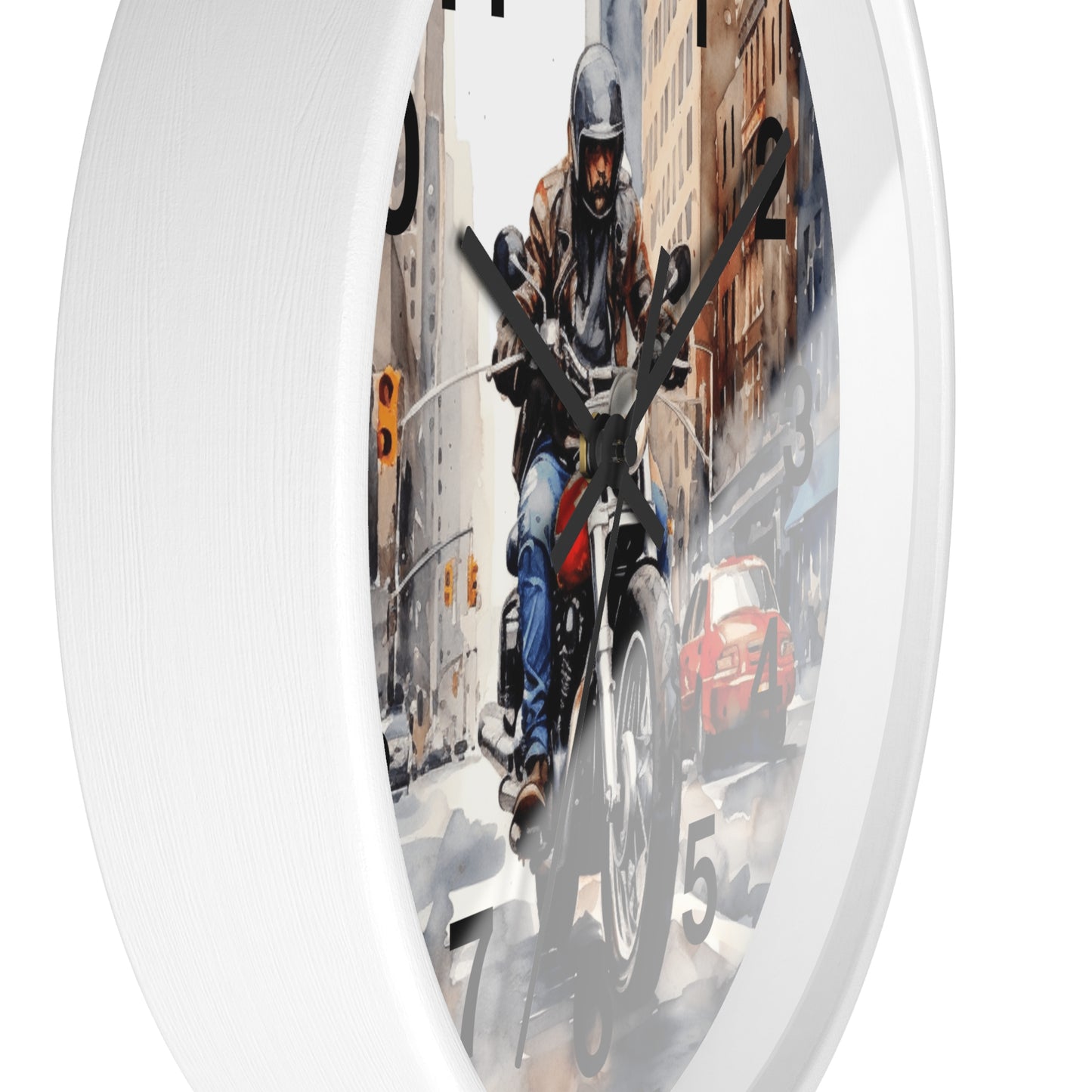 City Street Motorcycle Wall Clock | Urban Biker Decor | Rider Through City Art | Unique Gift for Bikers Cool Man Cave Clock Battery Operated