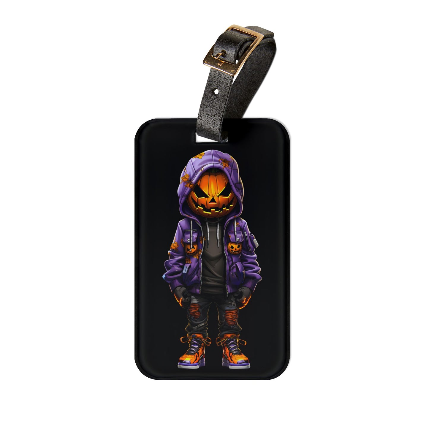 Gangster Pumpkin Purple Orange Hoodie Luggage Tag Urban Style Jack O Lantern Streetwear Halloween Inspired Baggage ID Street Culture Pumpkin