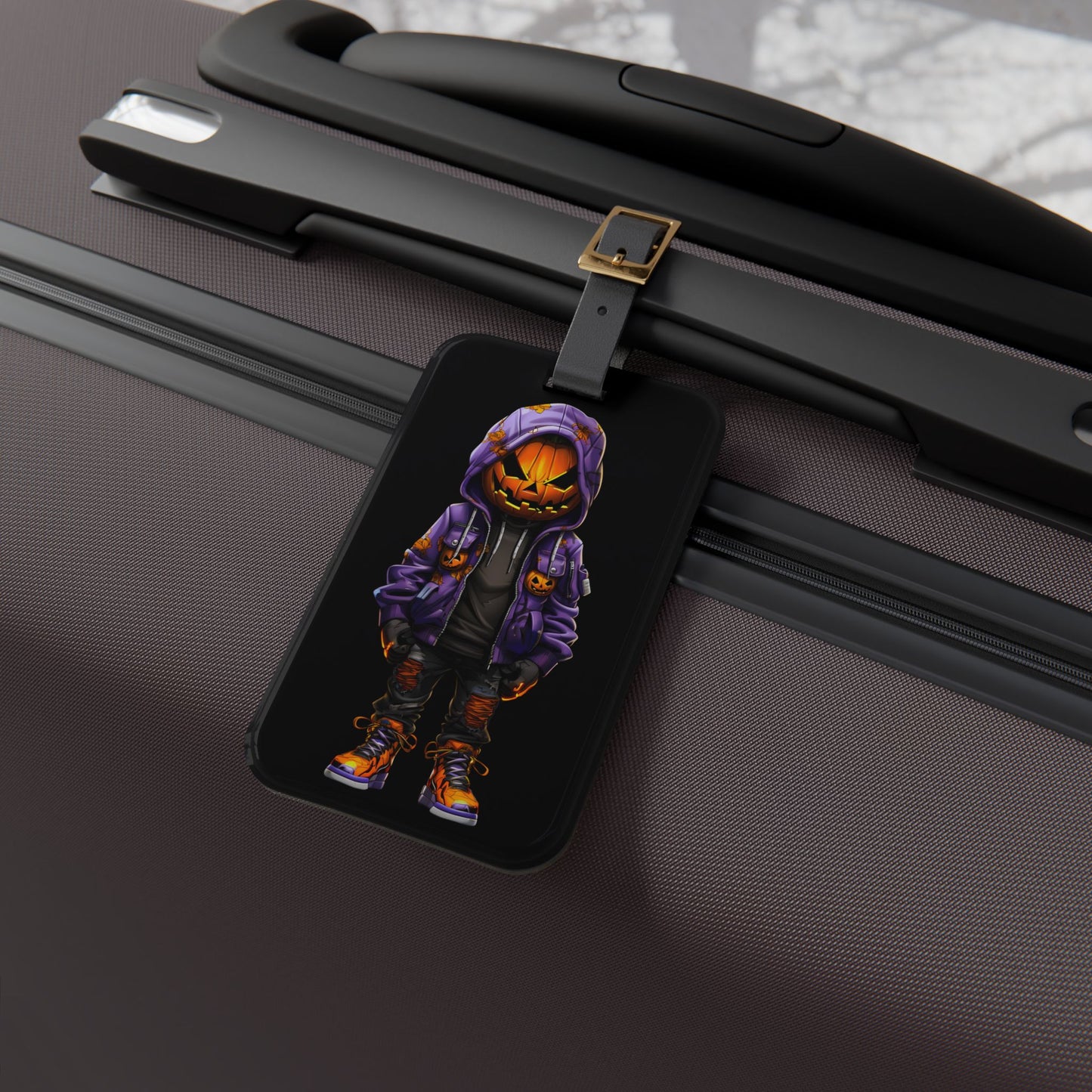 Gangster Pumpkin Purple Orange Hoodie Luggage Tag Urban Style Jack O Lantern Streetwear Halloween Inspired Baggage ID Street Culture Pumpkin