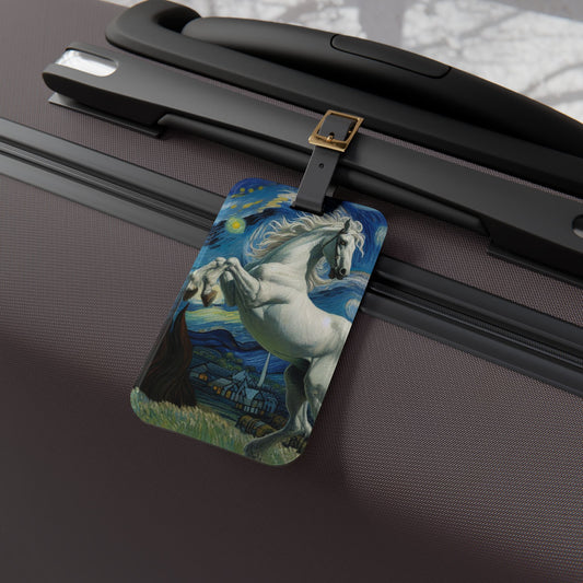 Majestic White Horse Night Sky Luggage Tag | Starry Night-Inspired Travel Accessory | Enchanting Horse Lover Baggage ID | Horse Gift