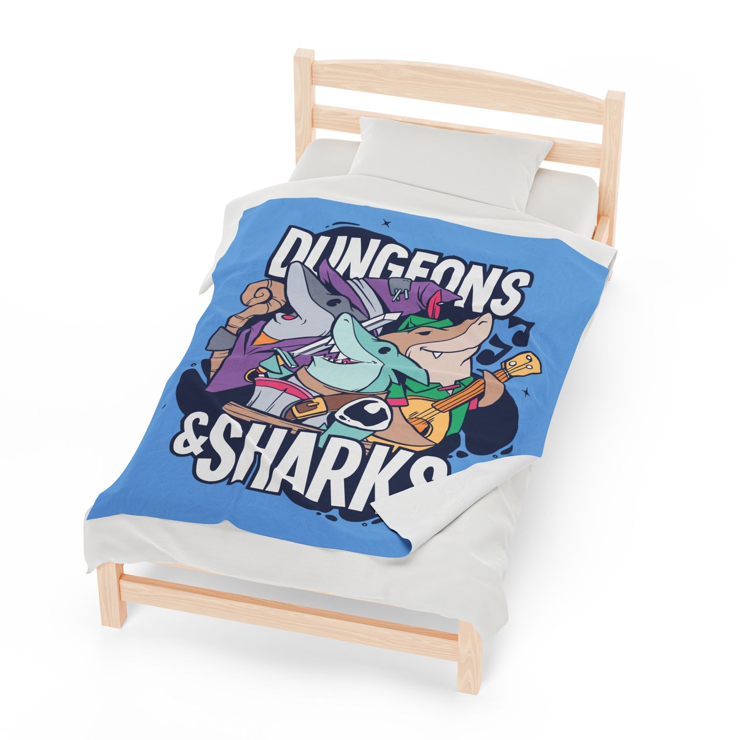 Dungeons and Sharks Velveteen Plush Throw Blanket | Funny Shark Lover Gift | Nerdy Parody Blanket | Fantasy Roleplaying Cozy Ocean Decor