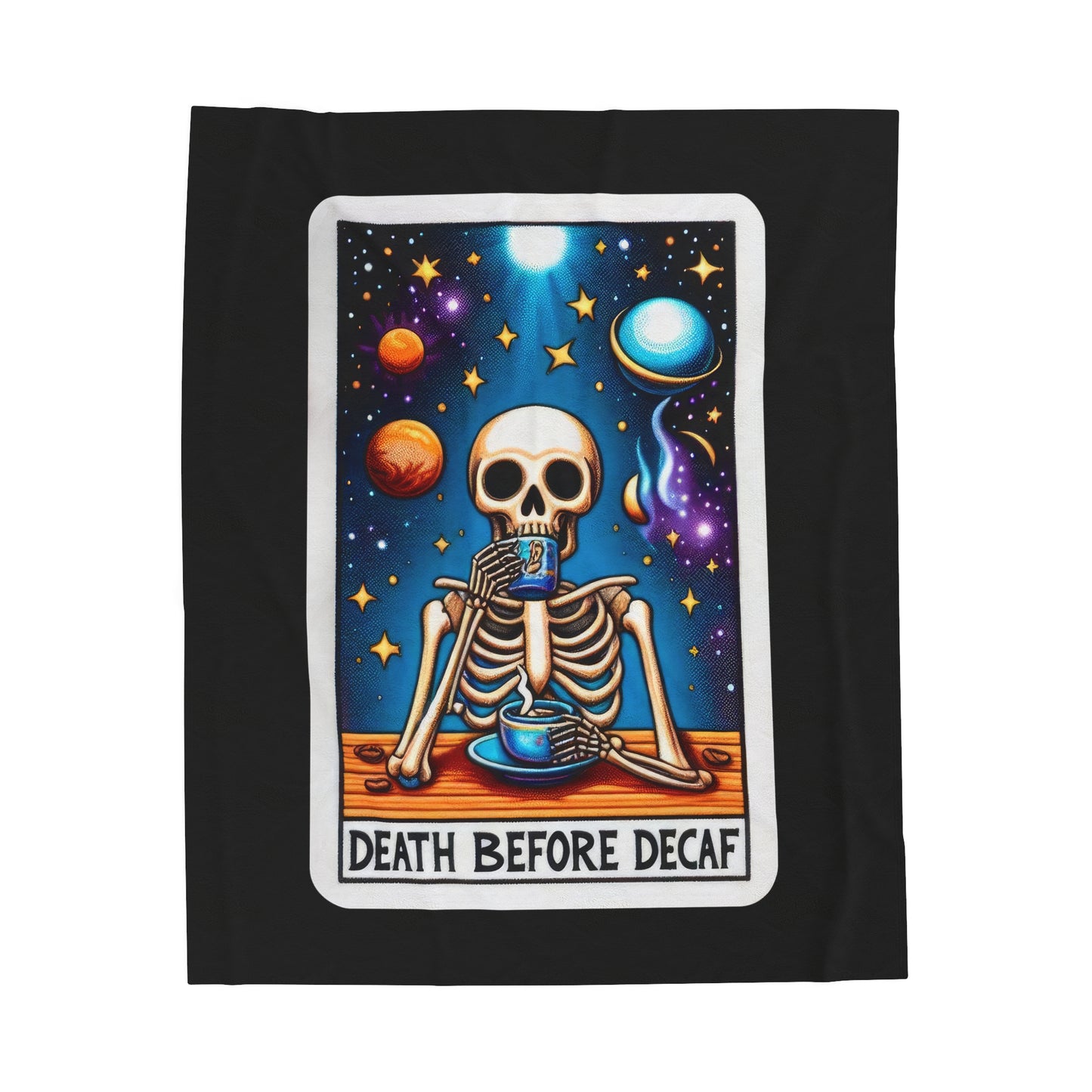 Death Before Decaf Tarot Card Velveteen Plush Blanket | Caffeine Addict Coffee Lover Gift | Cozy Throw Blanket for Espresso Enthusiasts