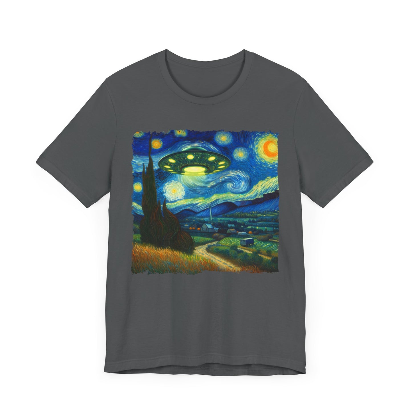 Alien UFO Night Sky Shirt | Starry Night-Inspired Outer Space Art | Cosmic Sci-Fi Tee for Alien Enthusiasts UFO Believers Funny Alien Gift