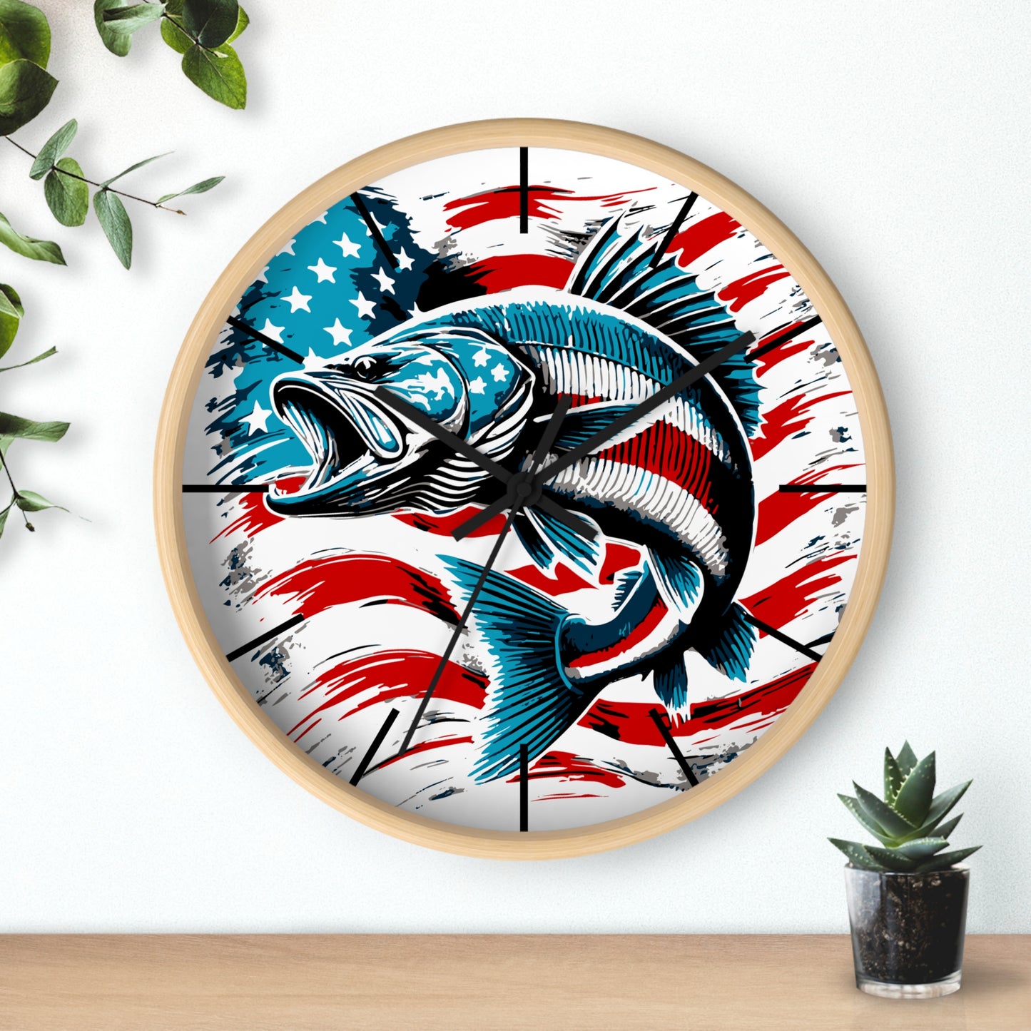 American Flag Fish Wall Clock | Patriotic Fisherman Decor | Battery Operated | Perfect for Man Cave | Unique Gift for Fishing Enthusiasts