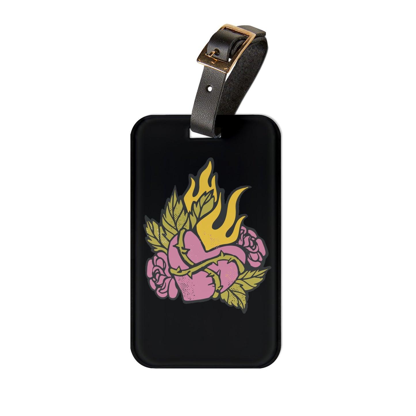 Heart in Flames Luggage Tag | Tattoo Art Style | Traditional Art Design with Goth Vibes | Bold and Edgy Travel Accessory