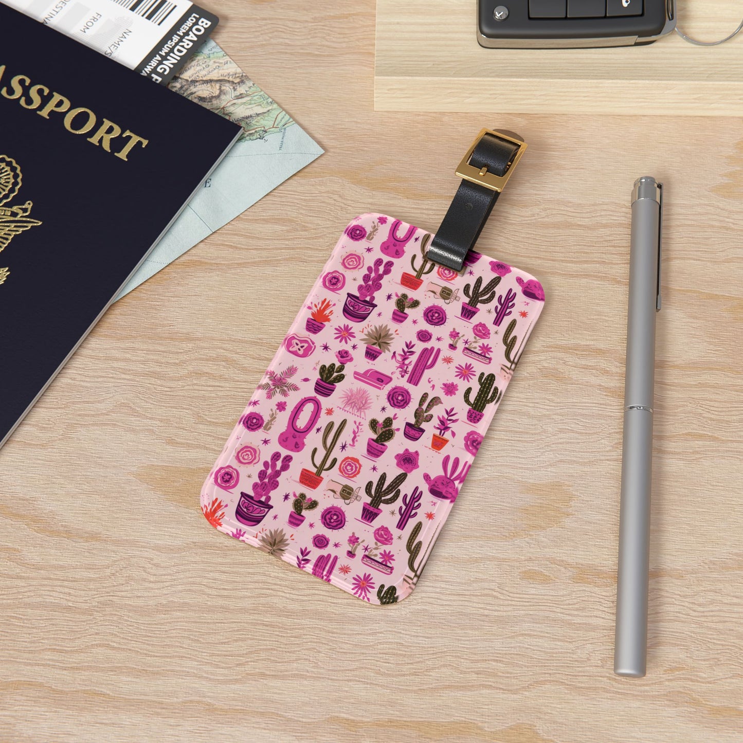 Stylish Cactus with Blooming Pink Flowers Luggage Tag Potted Cactus Desert Travel Accessory Girly Boho Aesthetic Baggage ID Cactus Lovers