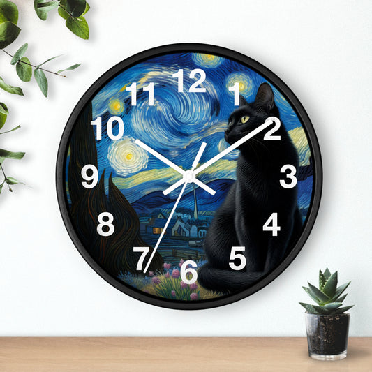 Mystical Black Cat Under Starry Night Wall Clock | Battery Operated | Enchanting Night Sky Art Perfect Gift Cat Lovers Witchcraft Wall Decor