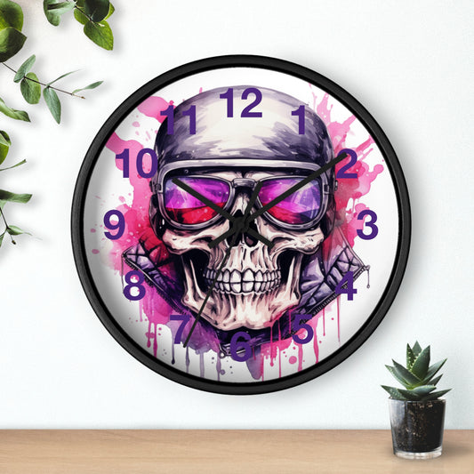 Splash Watercolor Pink Purple Skull Biker Wall Clock | Colorful Motorcycle Art Decor | Battery Operated | Unique Gift for Bikers Man Cave