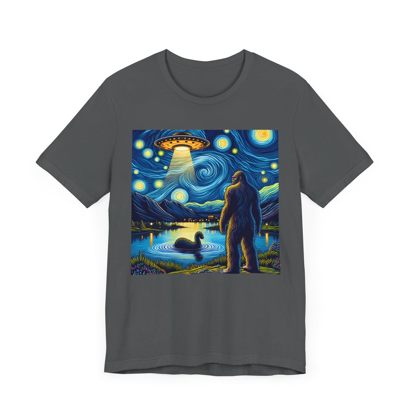 Bigfoot Alien Spaceship Night Sky Shirt | Sasquatch Meets Extraterrestrial Art | Fun UFO Humor Tee | Bigfoot Alien Lovers Gift Starry Night