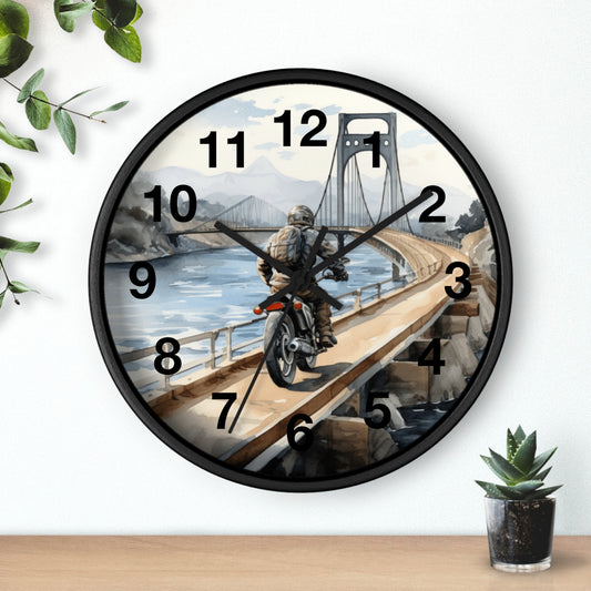 Scenic Bridge Vintage Motorcycle Wall Art Beautiful Water View Biker Decor Unique Biker Gift Retro Motorcycle Wall Clock Battery Operated