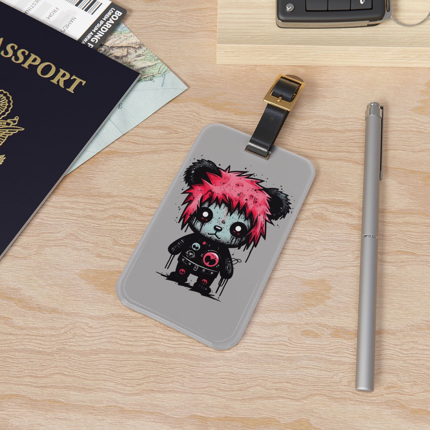 Emo Grunge Pink Hair Death Stare Bear Luggage Tag | Edgy Streetwear Travel Accessory | Alternative Fashion Baggage ID | Goth Bear Elder Emo