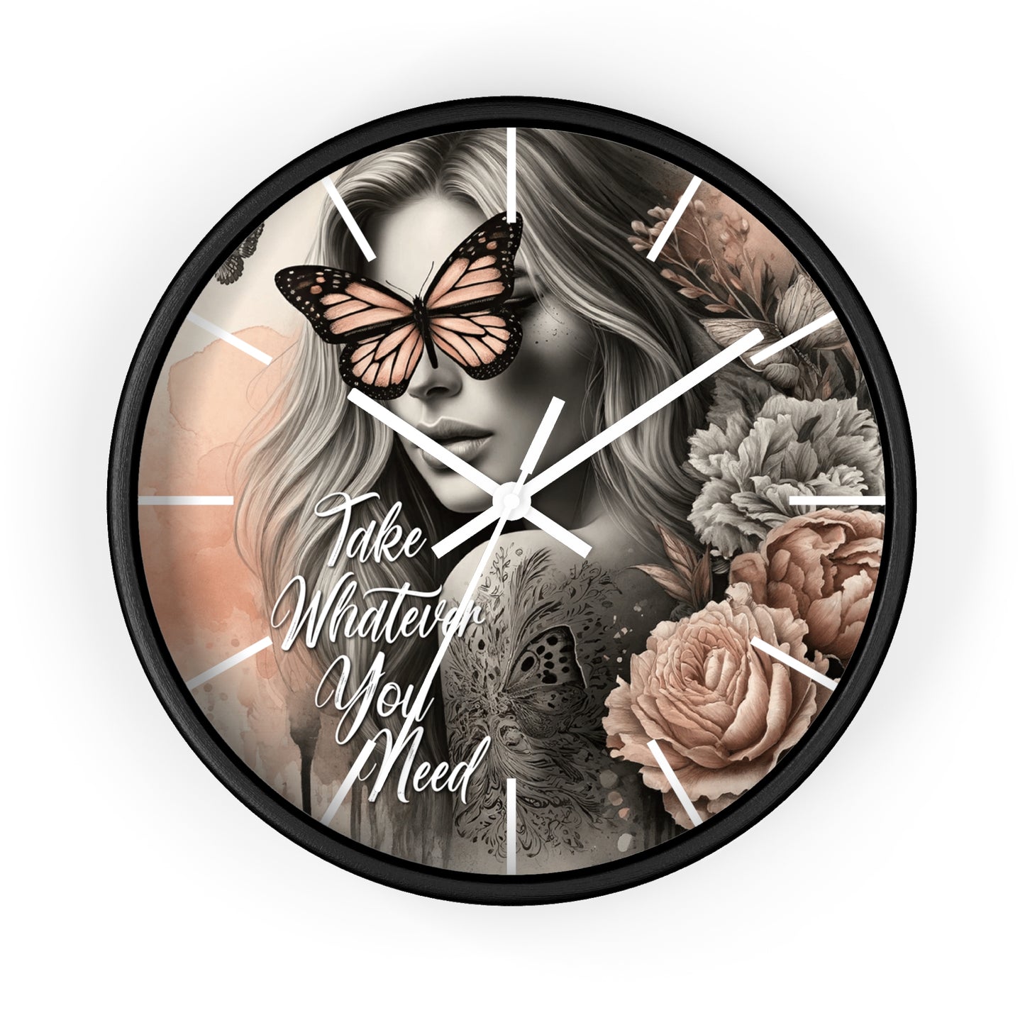 Take What You Need Wall Clock | Uplifting Affirmation Art | Battery Operated | Beautiful Woman with Flowers | Inspiring Dark Aesthetic Decor