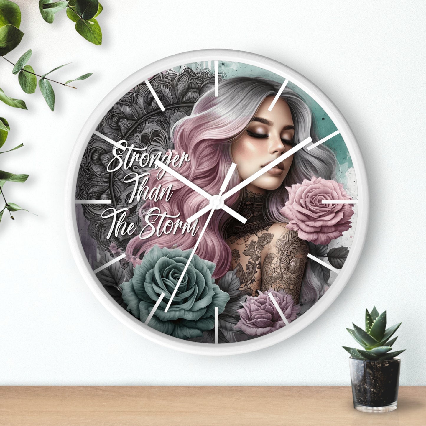 Stronger Than the Storm Wall Clock | Empowering Affirmation Quote Art | Battery Operated | Beautiful Woman Flowers Bold Dark Aesthetic Decor