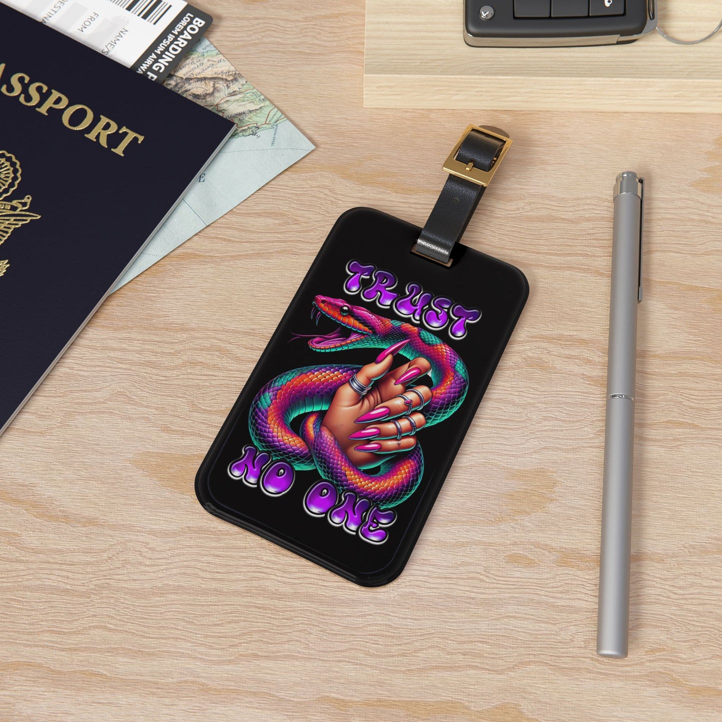 Trust No One Luggage Tag | Bold Female Hand with Snake Baggage ID | Streetwear Style | Urban Culture Gift for Women Travel Acessory