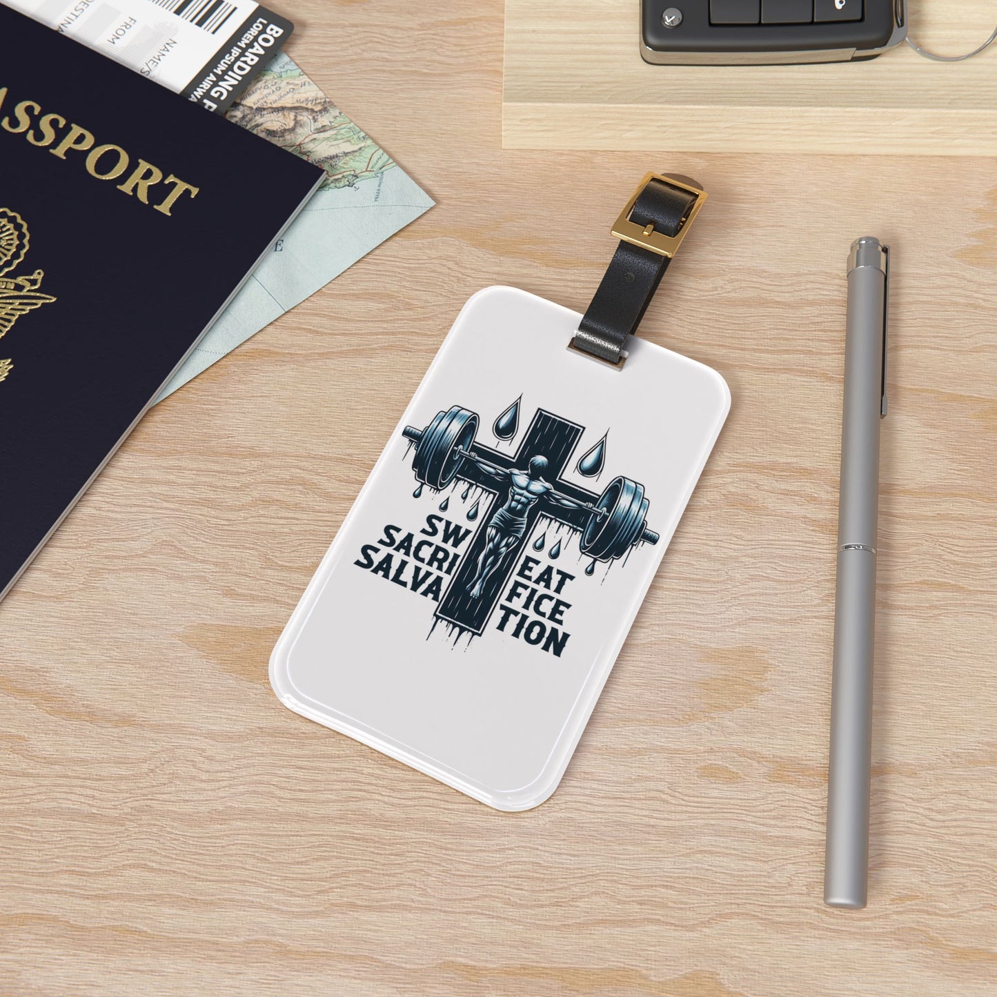 Sweat Sacrifice Salvation Jesus Cross Luggage Tag | Faith-Based Fitness Baggage ID Christian Gym Travel Accessory Inspirational Workout Gift