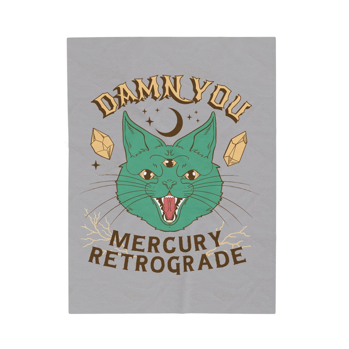 Damn You Mercury Retrograde Velveteen Plush Throw Blanket Trippy Three-Eyed Cat Design Spiritual Witchy Crystal Decor Astrology Zodiac Lover