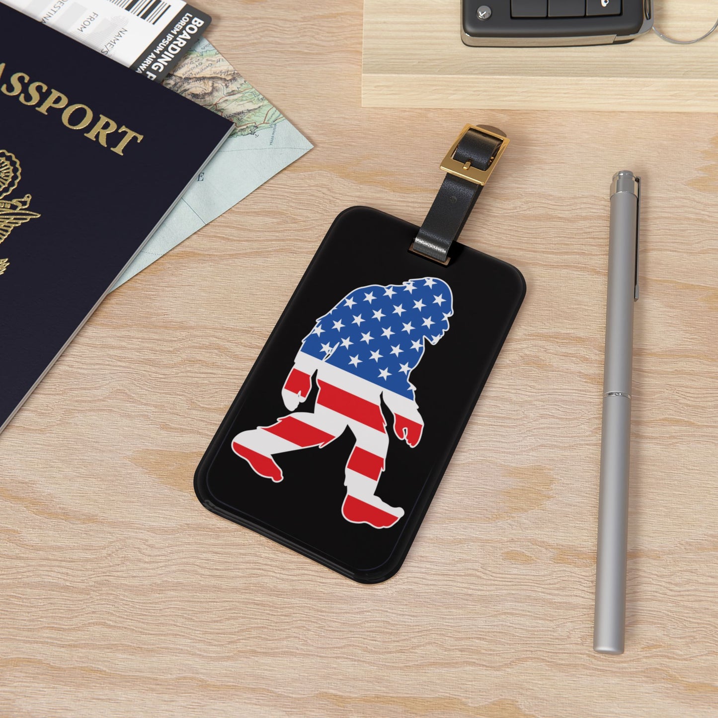 Bigfoot American Flag Luggage Tag | Patriotic Sasquatch Baggage ID | USA Freedom Travel Accessory | Proud USA Patriot Gift for Bigfoot Fans