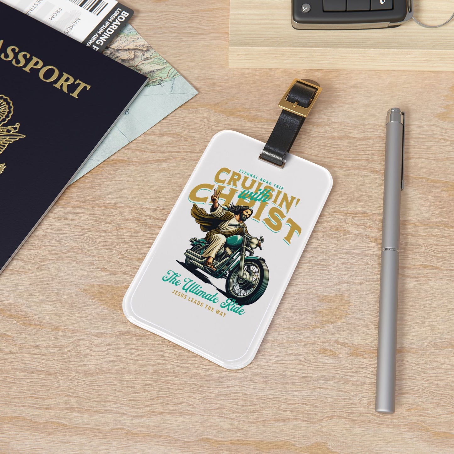 Cruisin With Christ Luggage Tag | Jesus on Motorcycle Baggage ID | Faith-Based Christian Travel Accessory Biker Style Gift Jesus Lover Gift