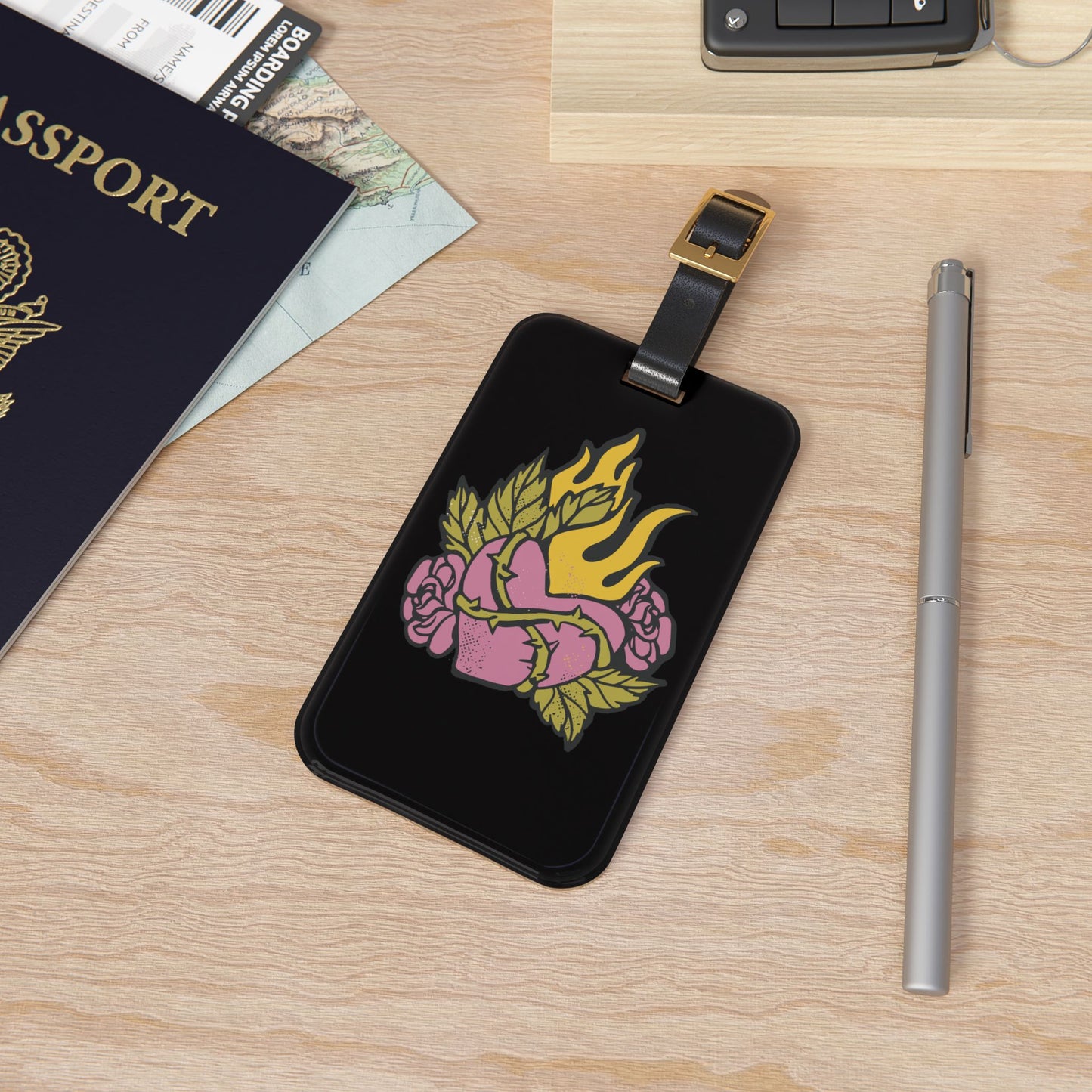 Heart in Flames Luggage Tag | Tattoo Art Style | Traditional Art Design with Goth Vibes | Bold and Edgy Travel Accessory