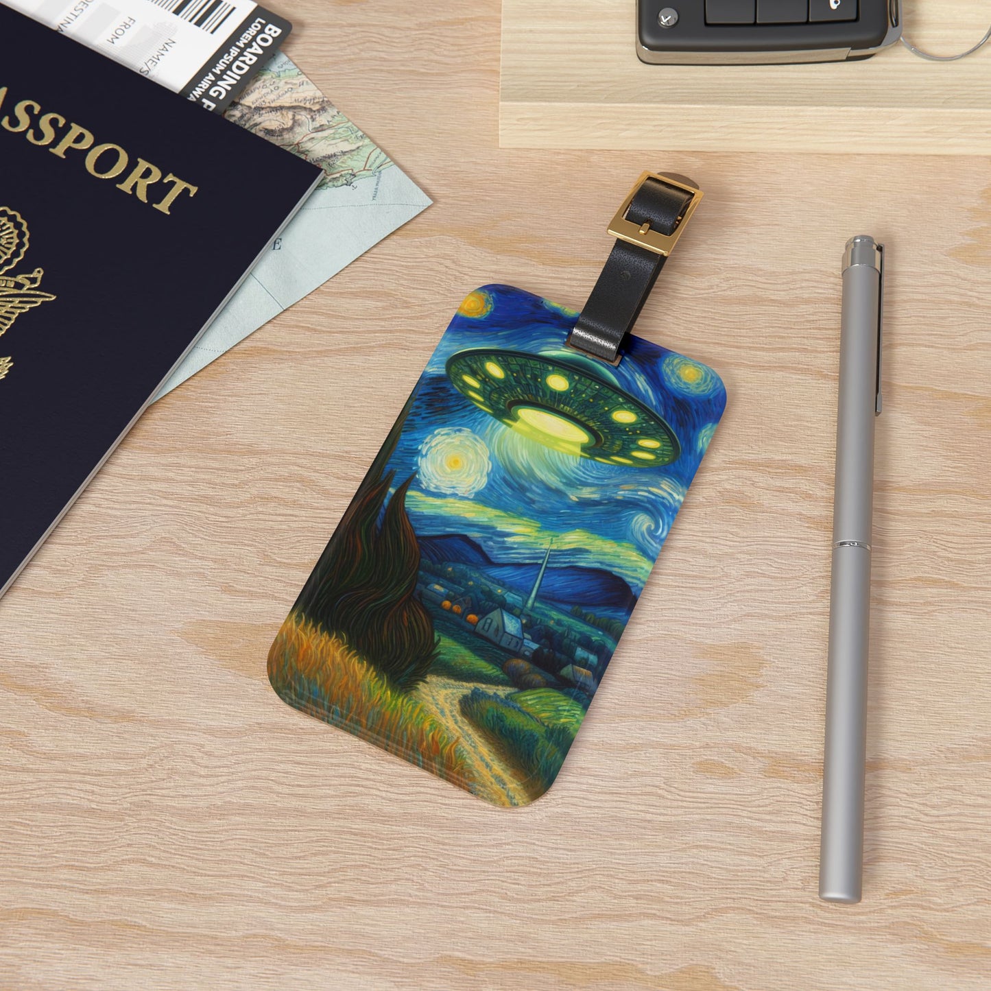 Alien UFO Night Sky Luggage Tag | Starry Night-Inspired Travel Accessory | Cosmic Sci-Fi Baggage ID for UFO Believers | Outer Space Gift