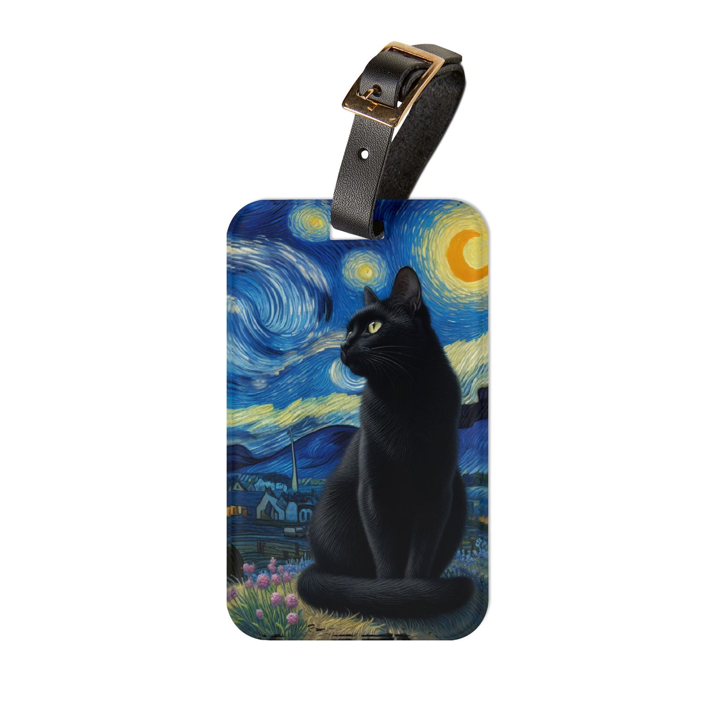 Mystical Black Cat Under Starry Night Luggage Tag | Enchanting Travel Accessory | Perfect Gift for Cat Lovers | Witchcraft Baggage ID