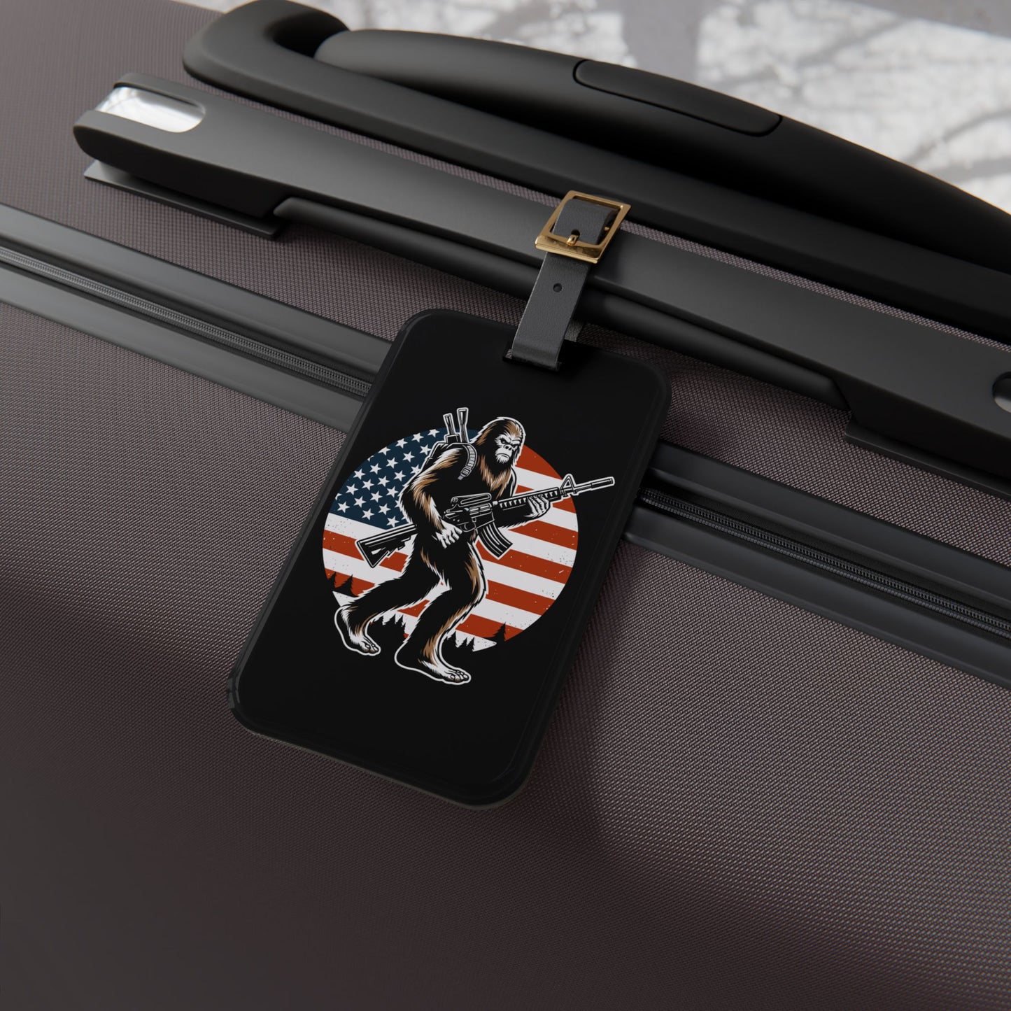 Bigfoot American Flag 2A Luggage Tag | Patriotic Sasquatch Gun Baggage ID USA Freedom Travel Accessory 2nd Amendment Supporter Bigfoot Fans