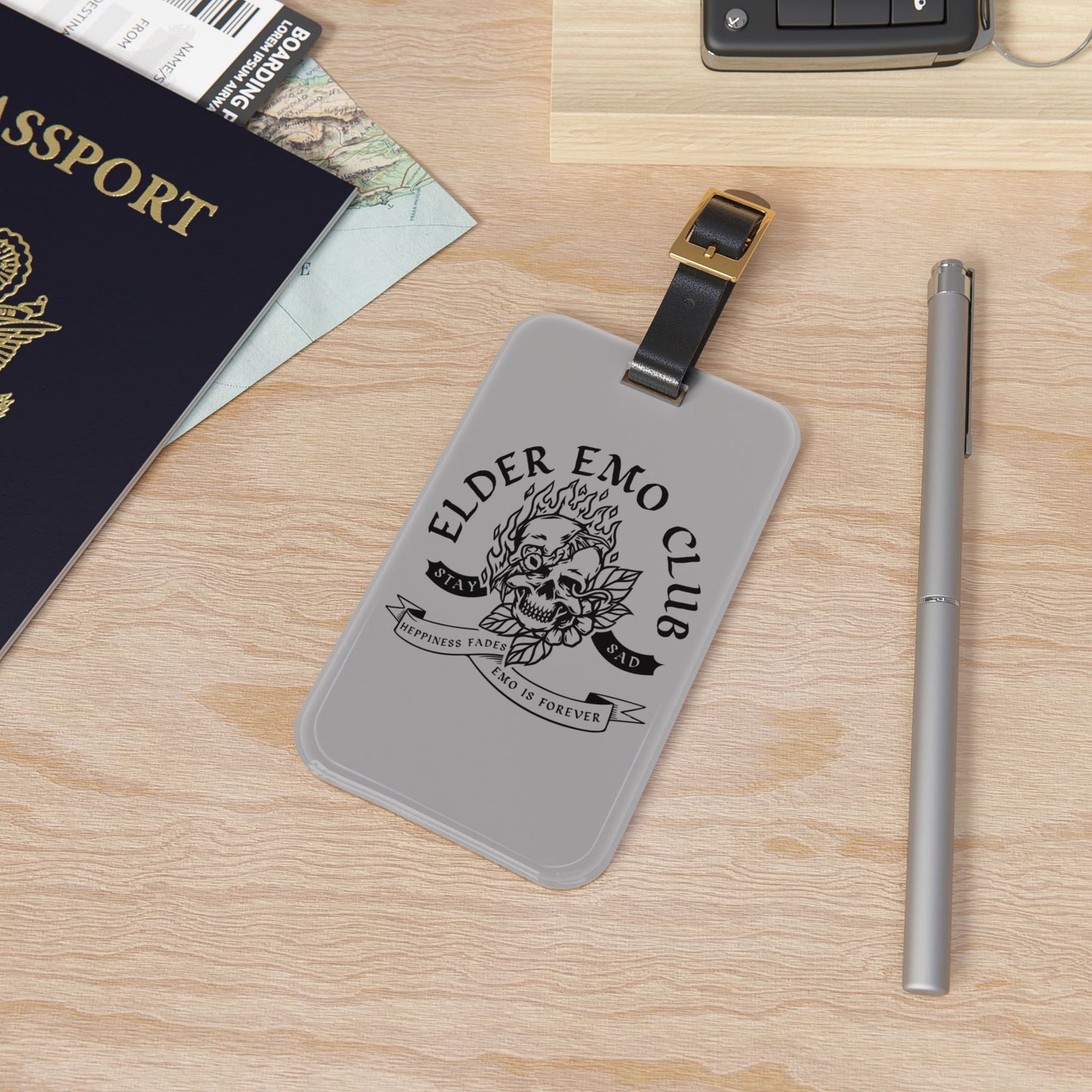 Elder Emo Club Luggage Tag | Emo Culture Travel Accessory | Happiness Fades Baggage ID | Gothic Punk Travel Accessory Not Just a Phase