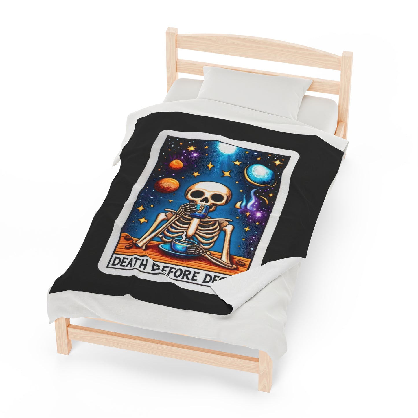 Death Before Decaf Tarot Card Velveteen Plush Blanket | Caffeine Addict Coffee Lover Gift | Cozy Throw Blanket for Espresso Enthusiasts