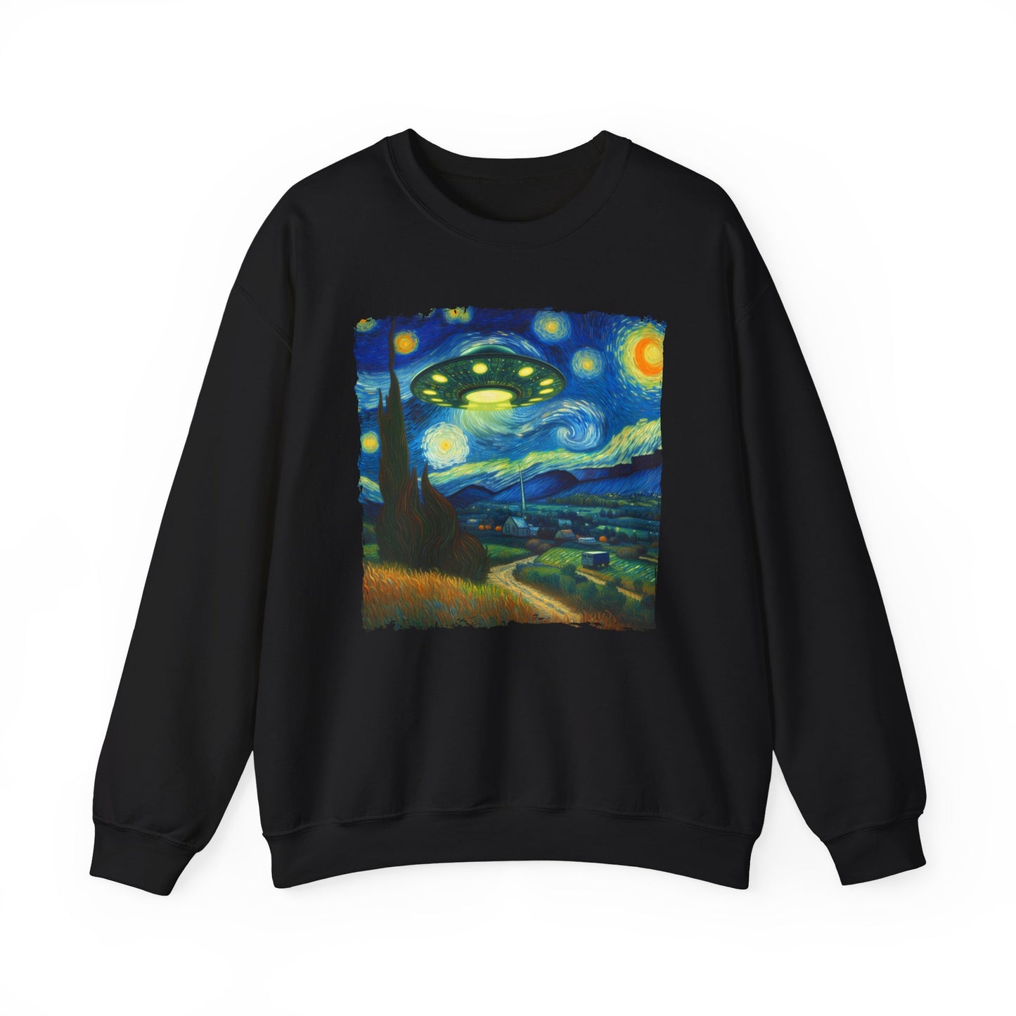 Alien UFO Night Sky Crewneck Sweater | Starry Night-Inspired Outer Space Art Pullover | Cosmic Sci-Fi  Sweatshirt Alien UFO Believers