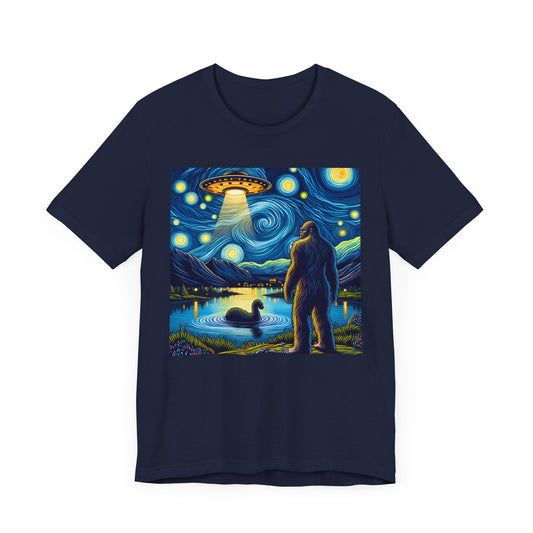 Bigfoot Alien Spaceship Night Sky Shirt | Sasquatch Meets Extraterrestrial Art | Fun UFO Humor Tee | Bigfoot Alien Lovers Gift Starry Night