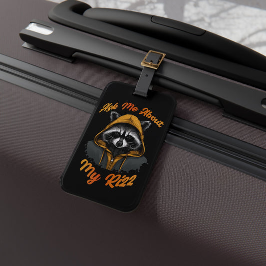 Ask Me About My Rizz Luggage Tag | Funny Raccoon Baggage ID | Gen Z Quotes Rizz Humor | Hilarious Sayings Gift Racoon Lovers GIft Travel