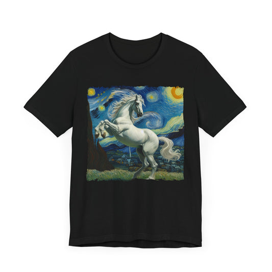 Majestic White Horse Night Sky Shirt | Starry Night-Inspired Art Tee | Perfect Gift for Horse Lovers and Dreamers Funny Horse Parody Gift